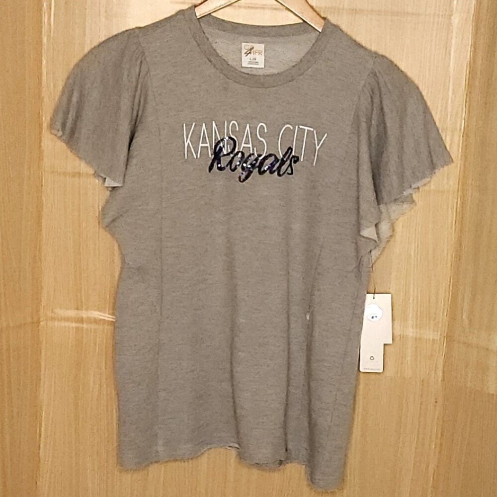 GIII For Her Kansas City Royals MLB Grey Blue Sequin Flutter Sleeve Top Large